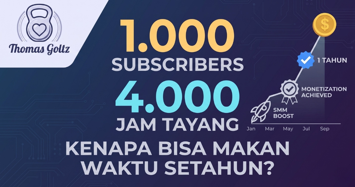 Ilustrasi grafik yang menjelaskan alasan pencapaian 1.000 subscribers dan 4.000 jam tayang memakan waktu setahun, serta bagaimana strategi smm panel youtube dapat mempercepat proses monetisasi