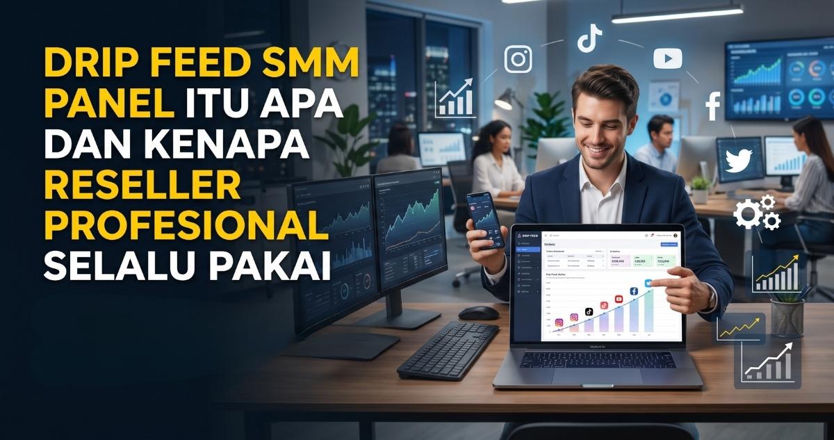 Ilustrasi seorang reseller profesional sedang memantau grafik di dashboard Drip Feed SMM Panel melalui laptop. Gambar dilengkapi teks judul 'Drip Feed SMM Panel Itu Apa dan Kenapa Reseller Profesional Selalu Pakai' serta subjudul tentang strategi pertumbuhan bertahap untuk bisnis SMM, dikelilingi ikon media sosial seperti TikTok, Instagram, dan YouTube